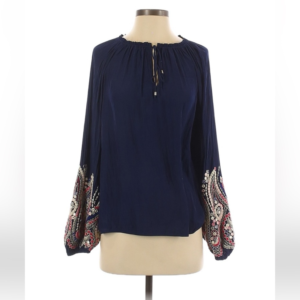 Ramy Brook Size small navy blue tie deck embroided puff sleeve blouse
